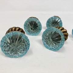 Vintage Victorian Style Glass Knob in Blue with Antique Brass Collar