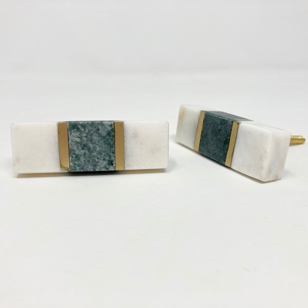 White & Green Stone Rectangular Knob with Gold Brass Bar