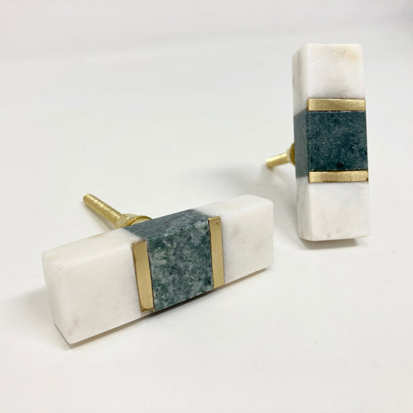 White & Green Stone Rectangular Knob with Gold Brass Bar