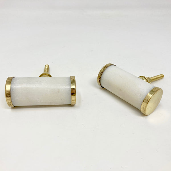 Marble Natural Stone White Barrel Knob with Brass Ends