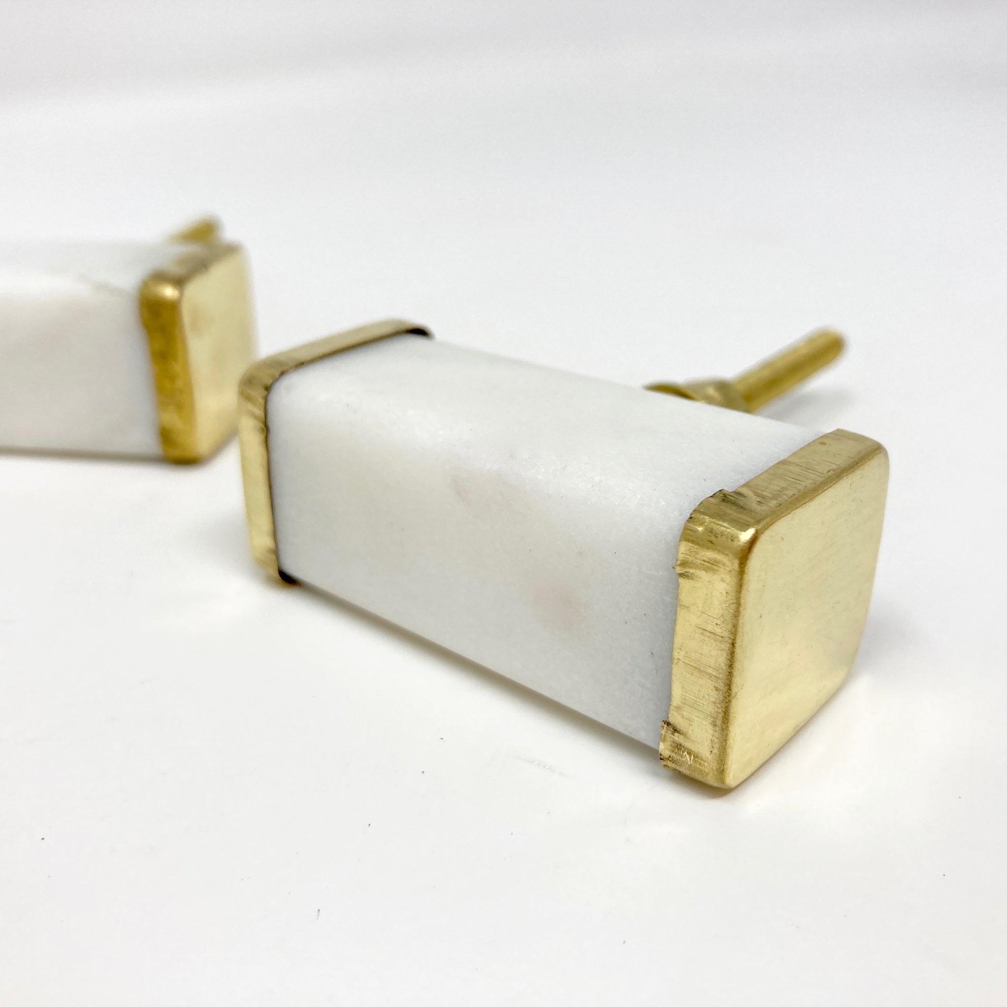 Marble Natural Stone White Rectangular Knob with Brass Ends