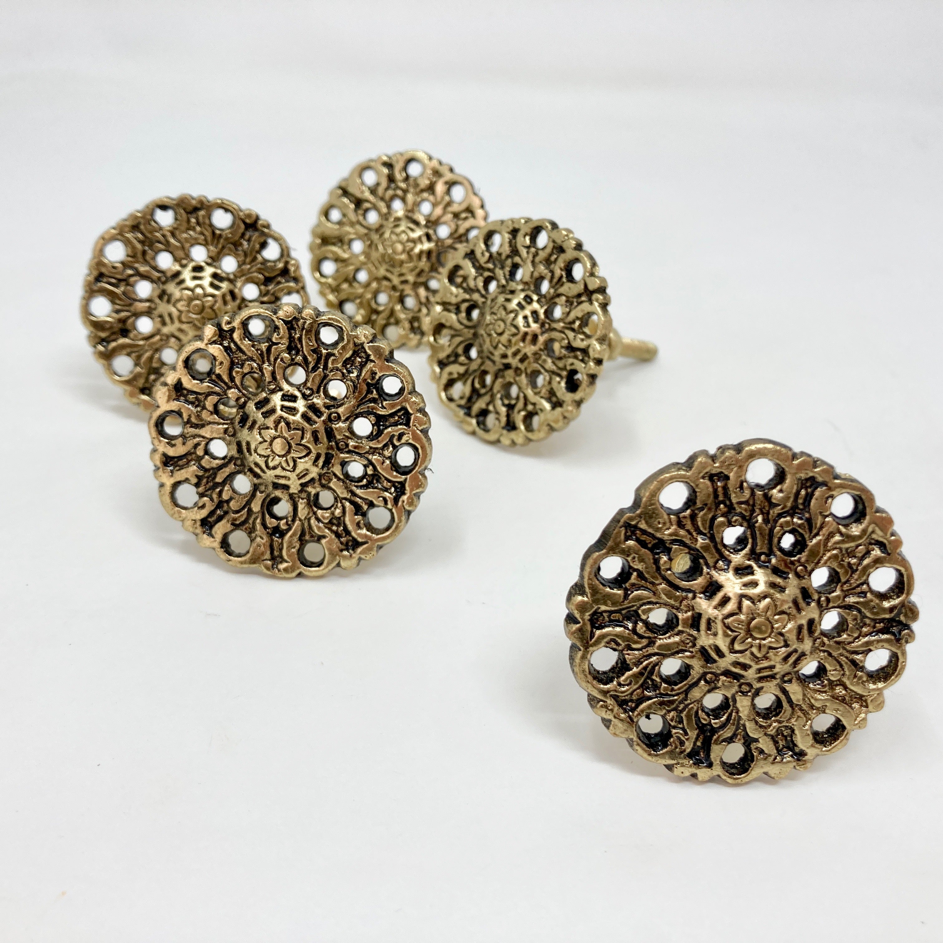 Vintage Filigree Metal Knob Old Gold Drawer Pull