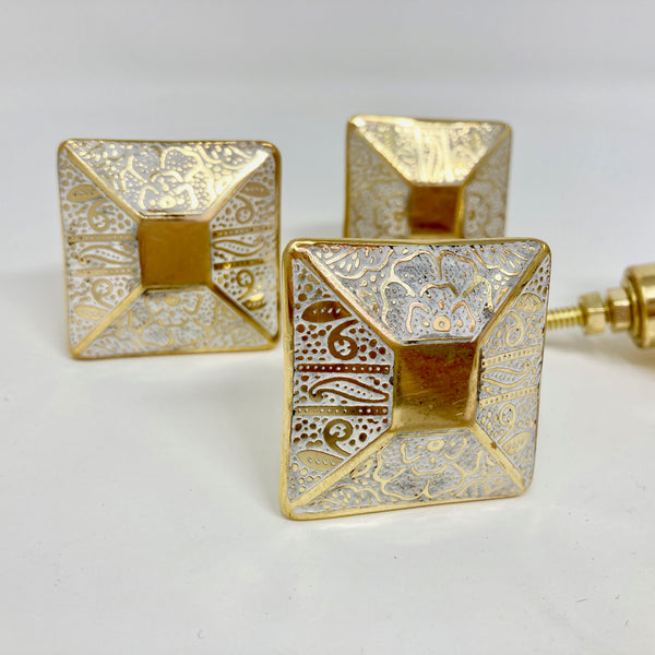 Square Moroccan Desgin Brass Knob in White & Gold