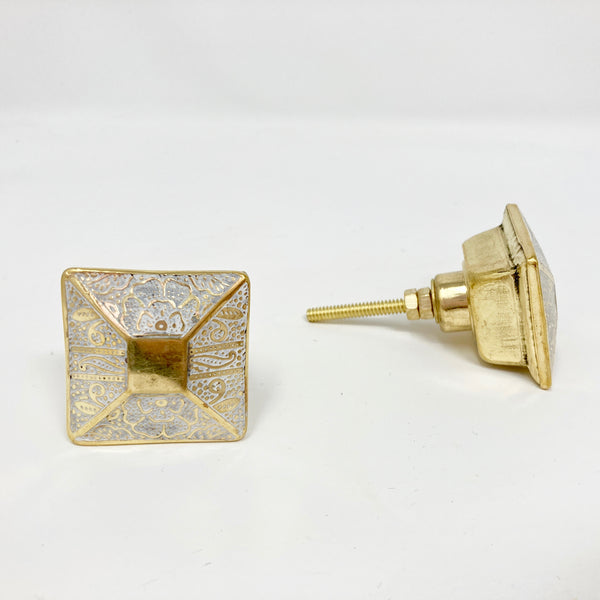 Square Moroccan Desgin Brass Knob in White & Gold