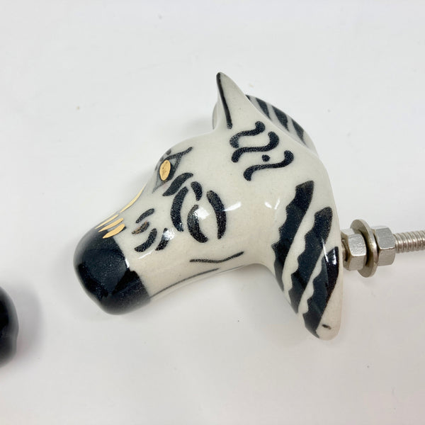 Ceramic Zebra Knob with Gold and Black Detail