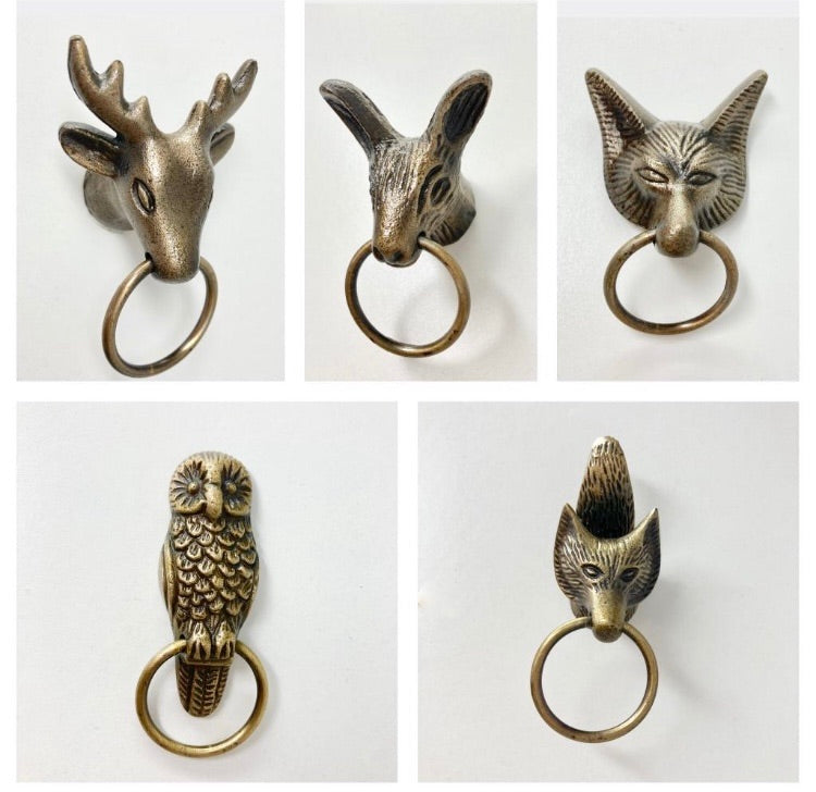 Ring Woodland Antique Brass Animals Stag Hare Fox Owl with Pull Ring Drawers Cupboard Dresser